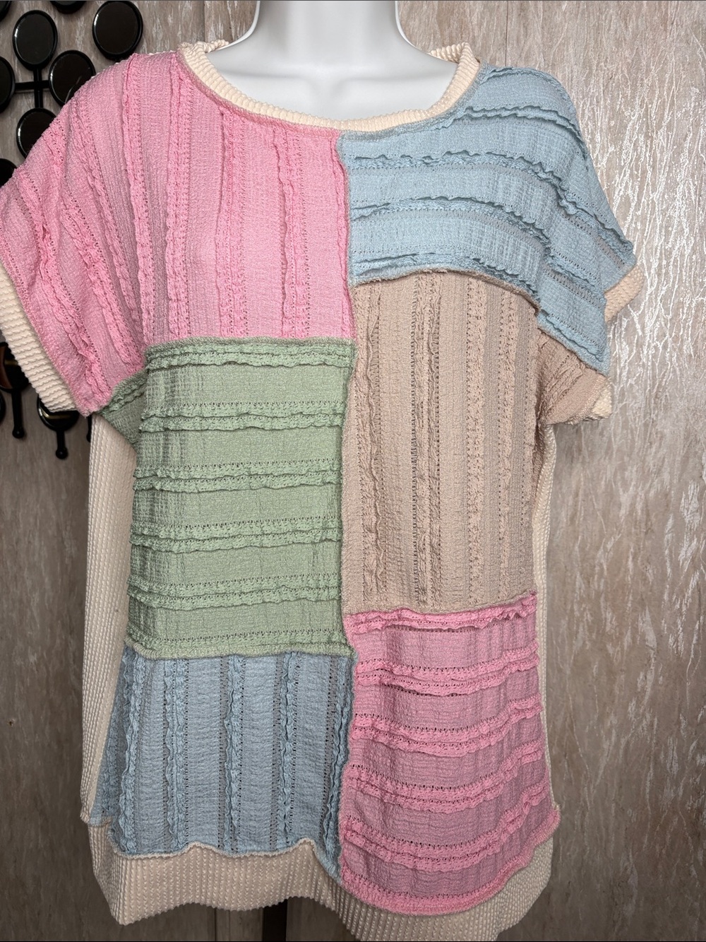 Roxy Pastel Patchwork Short Sleeve Tunic - Pink, Blue, Green, Beige